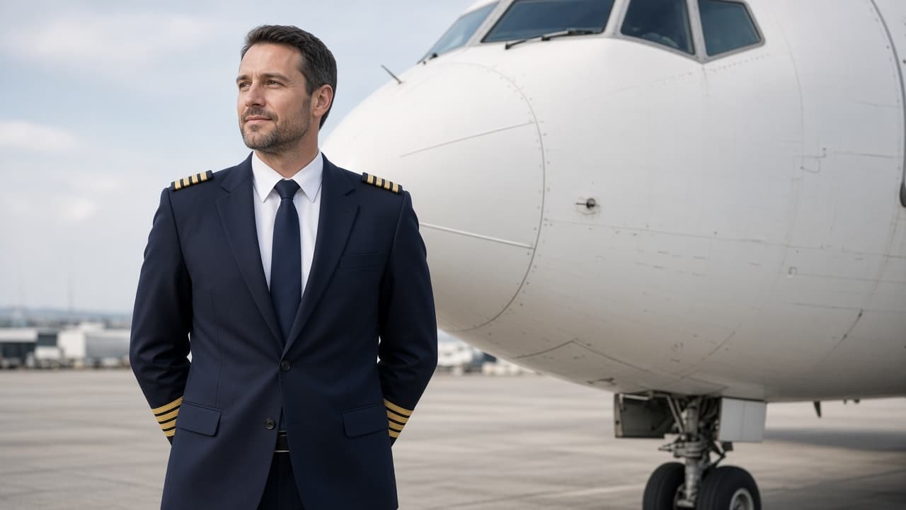 An airline pilot standing beside an airliner.