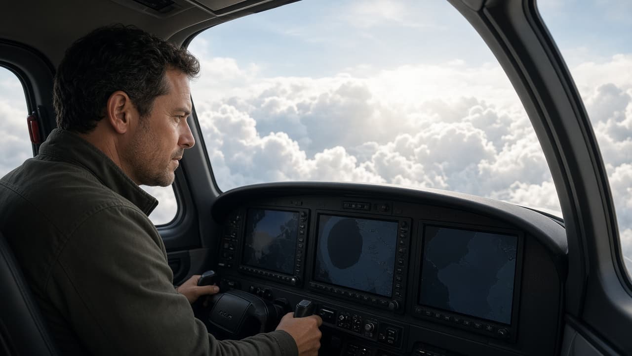 A man in a Cirrus cockpit in the clouds, looking at the avionics.