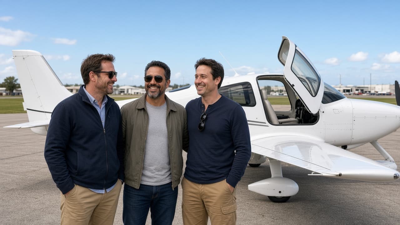 A man with friends beside a Cirrus SR22.